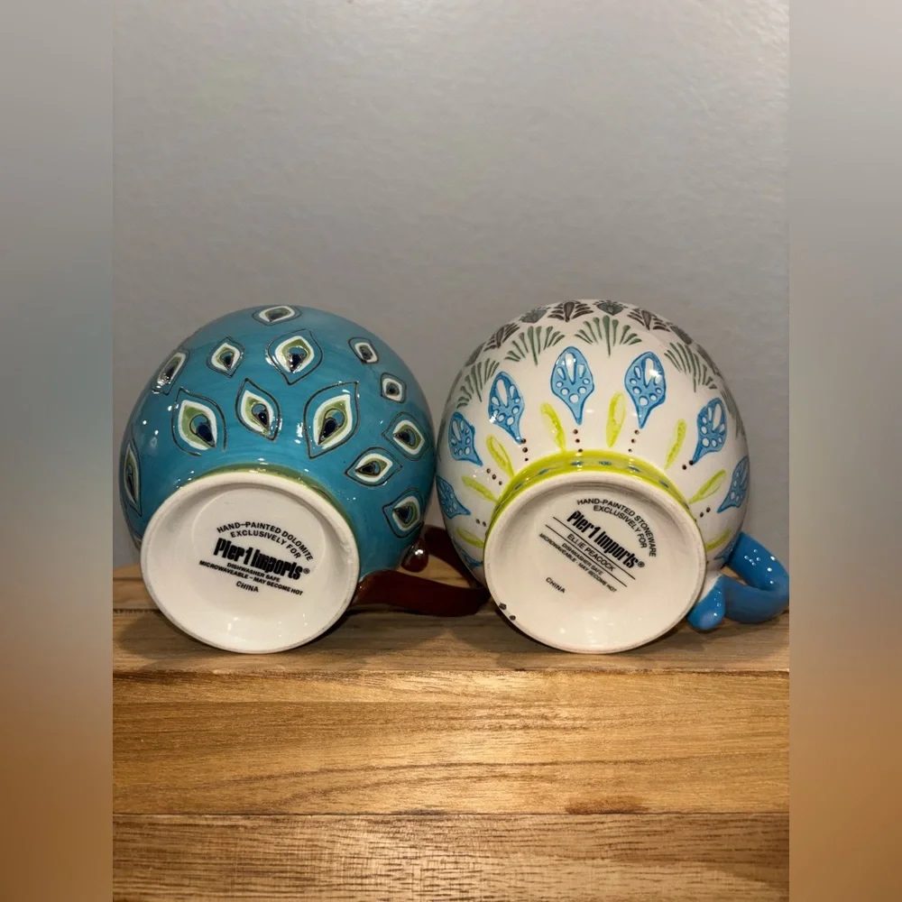 Set of 2 Pier 1 Imports Dolomite Ellie Peacock Hand Painted Footed Mugs 16oz